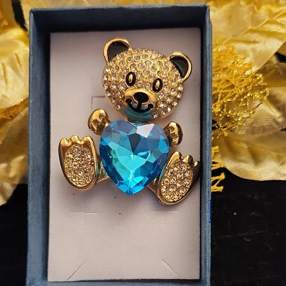 Sparkling Gold and Blue Heart Bear Brooch